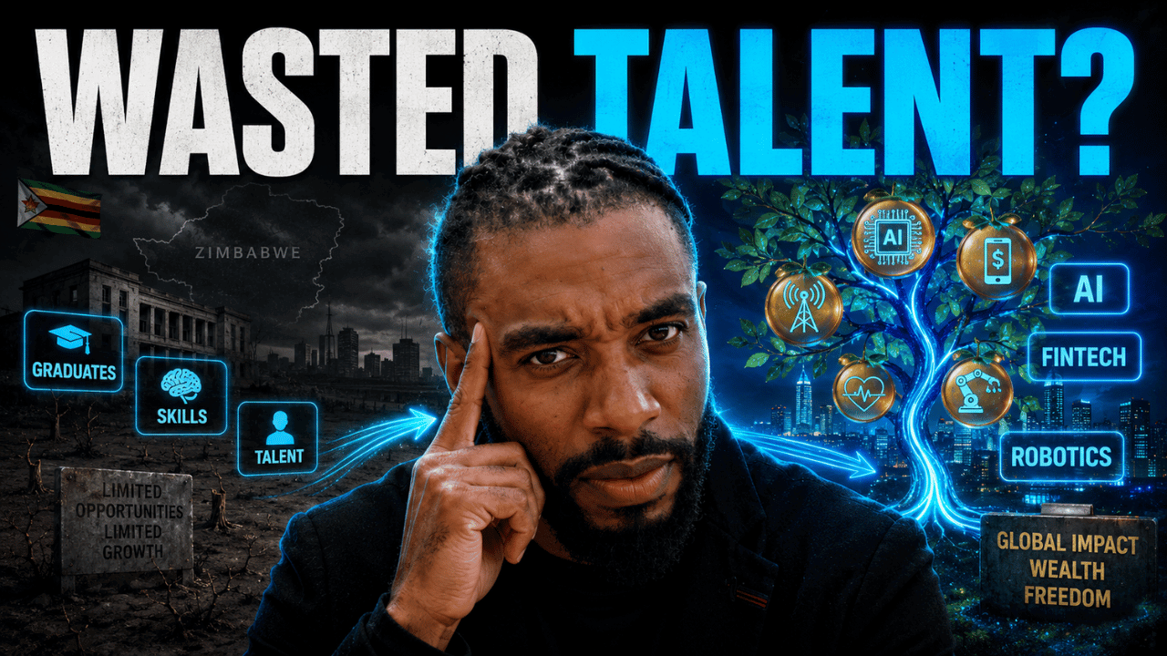 Documentary-style graphic about Zimbabwe wasting technical talent and diaspora capability